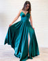 Simple Dark Green Silk Like Satin Prom Dresses Split Side Sexy Long Party Gowns V-Neck